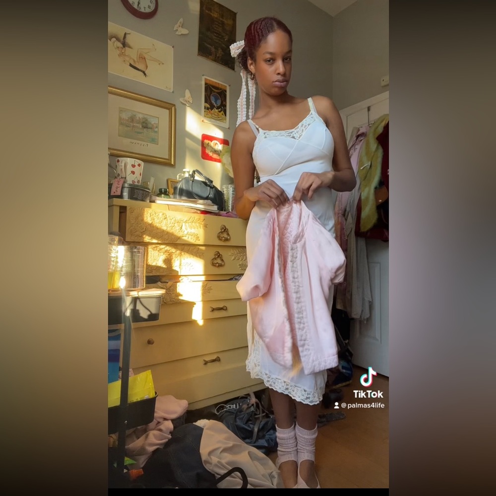 Vintage maxi white slip dress and satin pink bed jacket